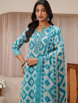 libas blue geometric printed straight suit set 4
