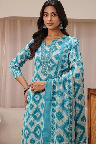libas blue geometric printed straight suit set