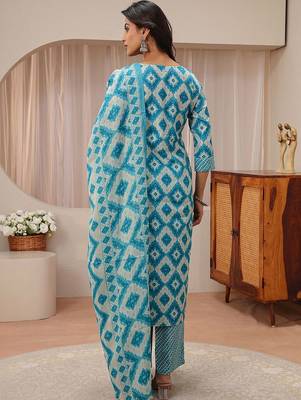 libas blue geometric printed straight suit set 6