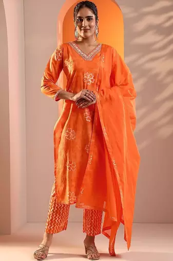 women ethnic motifs printed regular thread work kurta with trousers & with dupatta