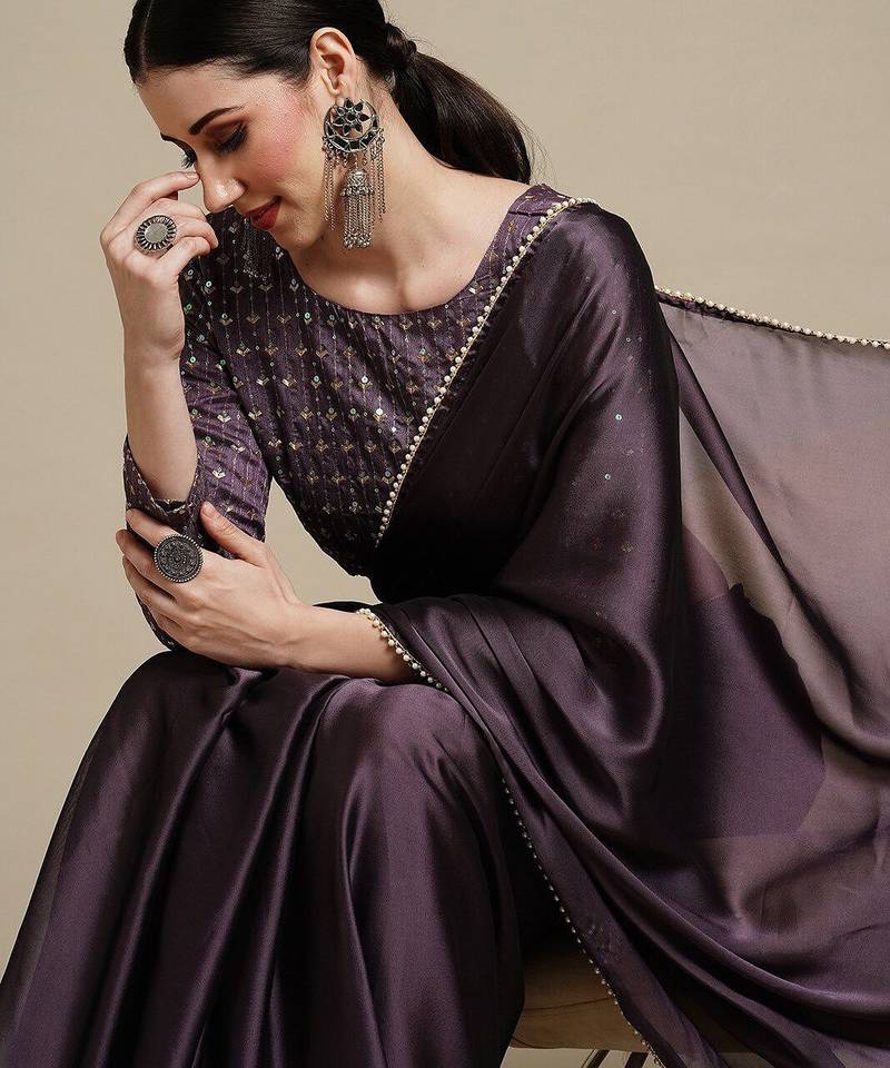 Burgundy burgundy & white embellished  georgette saree