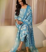 blue floral printed cotton straight suit set