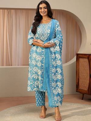 blue floral printed cotton straight suit set 2