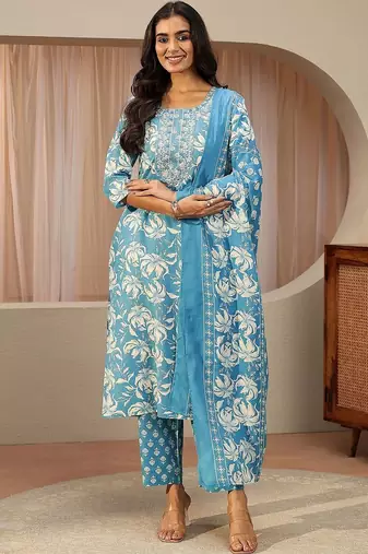blue floral printed cotton straight suit set