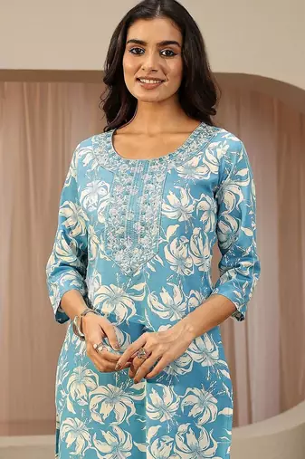 blue floral printed cotton straight suit set
