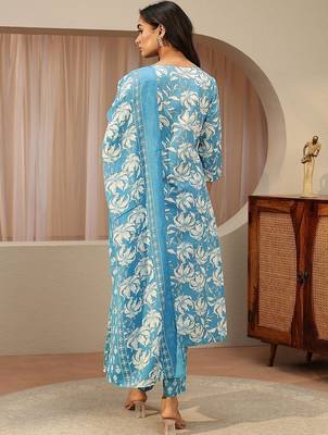 blue floral printed cotton straight suit set 5