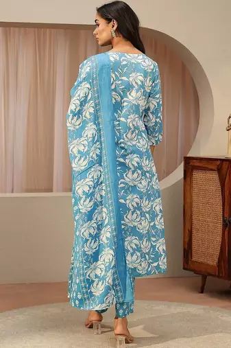 blue floral printed cotton straight suit set