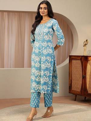 blue floral printed cotton straight suit set 7