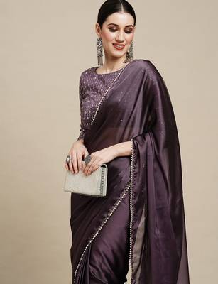 Burgundy burgundy & white embellished  georgette saree 5