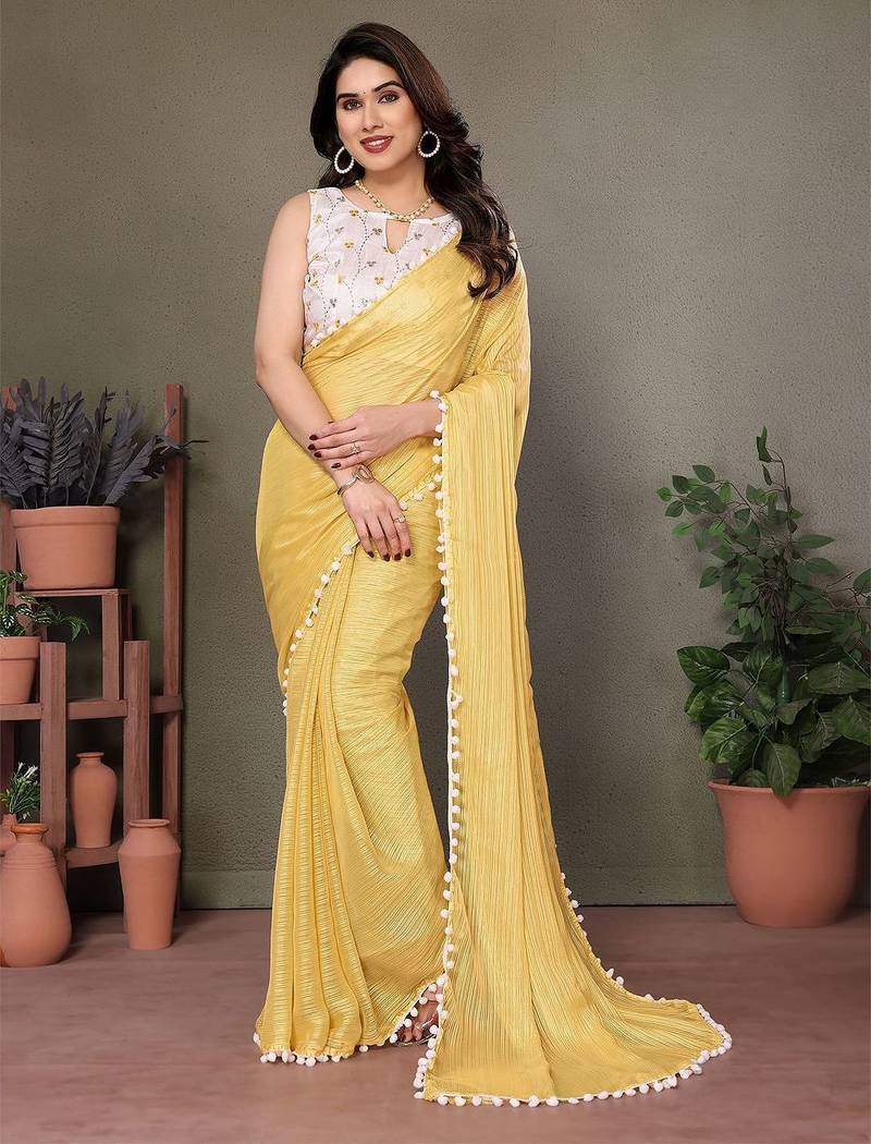 Yellow striped embroidered saree