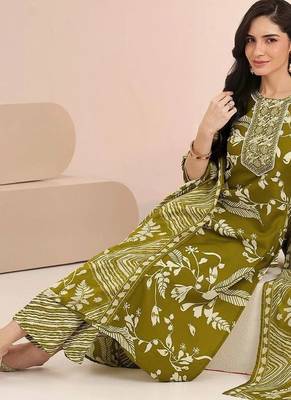 olive green floral printed cotton blend straight suit set 2