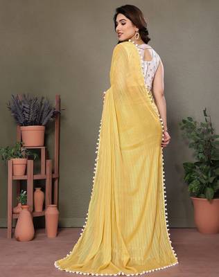 Yellow striped embroidered saree 2