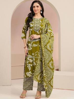 olive green floral printed cotton blend straight suit set 1
