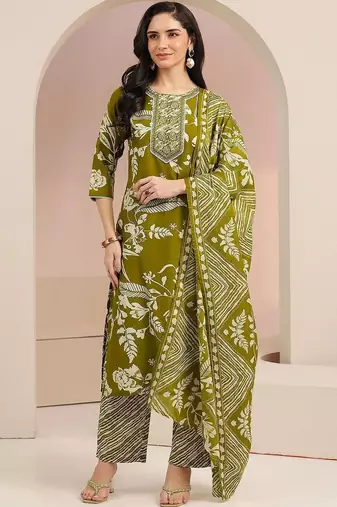 olive green floral printed cotton blend straight suit set