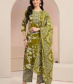 olive green floral printed cotton blend straight suit set