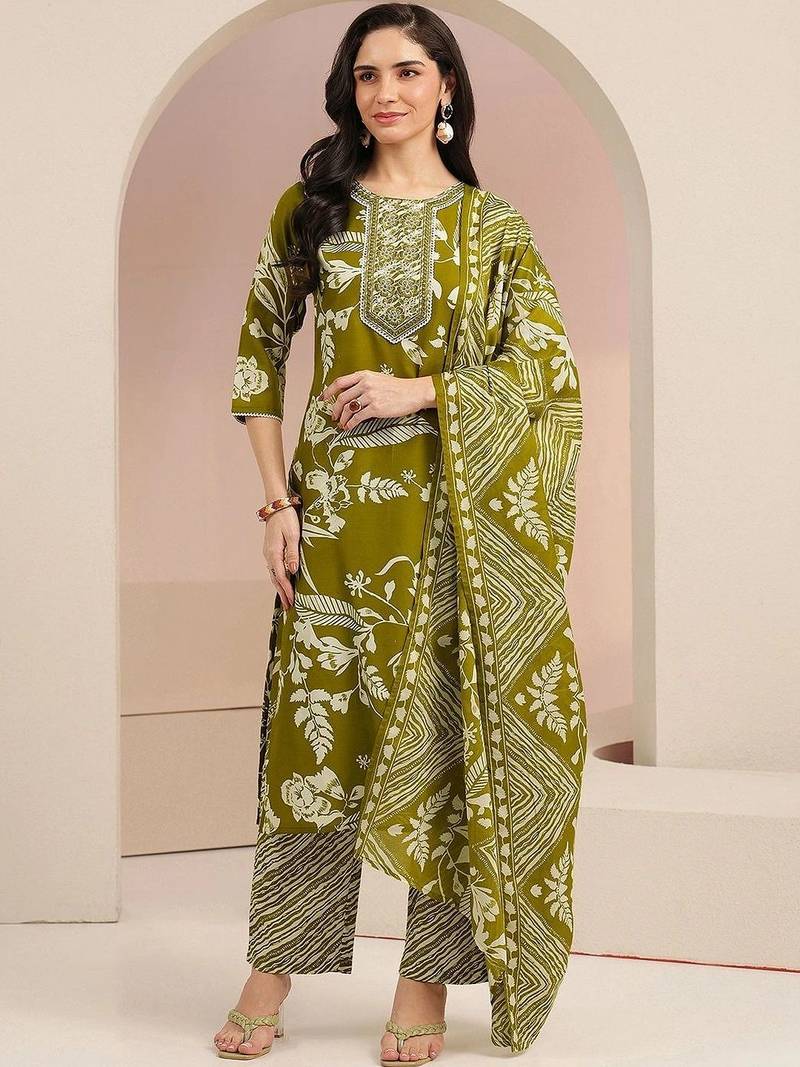 olive green floral printed cotton blend straight suit set