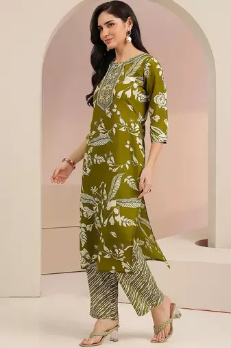 olive green floral printed cotton blend straight suit set