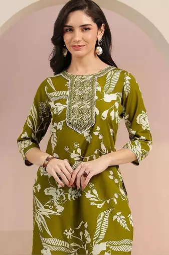 olive green floral printed cotton blend straight suit set