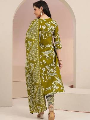 olive green floral printed cotton blend straight suit set 6