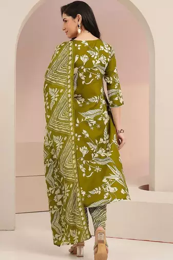 olive green floral printed cotton blend straight suit set
