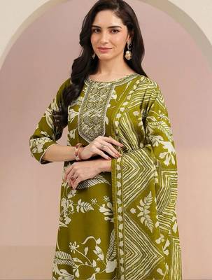 olive green floral printed cotton blend straight suit set 7