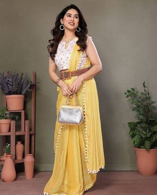 Yellow striped embroidered saree 3