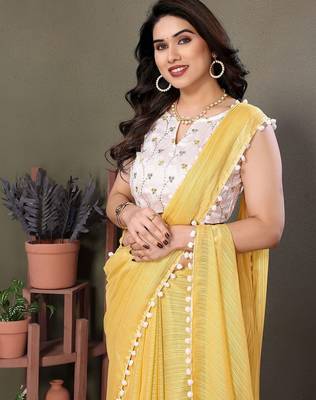 Yellow striped embroidered saree 4