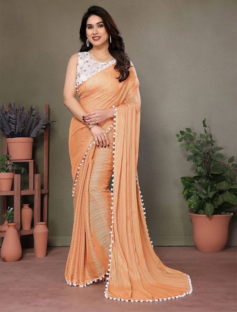 Peach striped saree with blouse piece