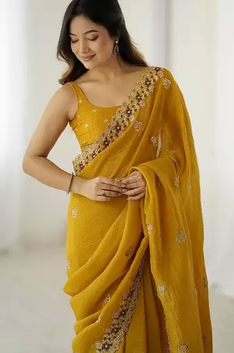 Mustard mustard embellished tissue sarees