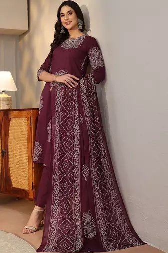 burgundy bandhani printed cotton straight suit set
