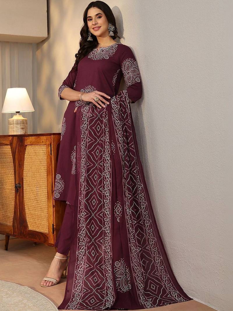 burgundy bandhani printed cotton straight suit set