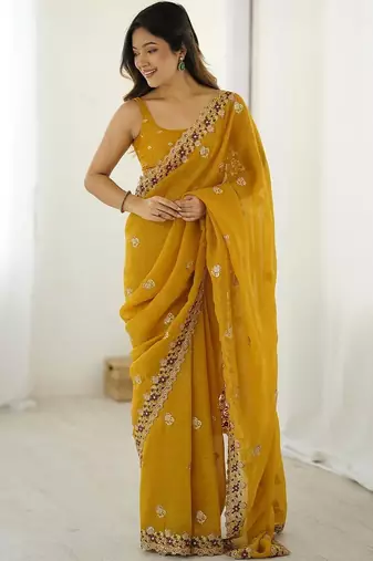 Mustard mustard embellished tissue sarees