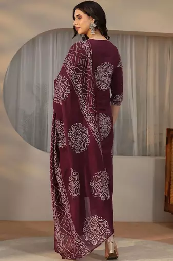 burgundy bandhani printed cotton straight suit set
