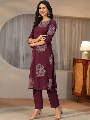 burgundy bandhani printed cotton straight suit set 3