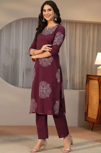 burgundy bandhani printed cotton straight suit set