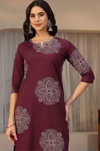 burgundy bandhani printed cotton straight suit set