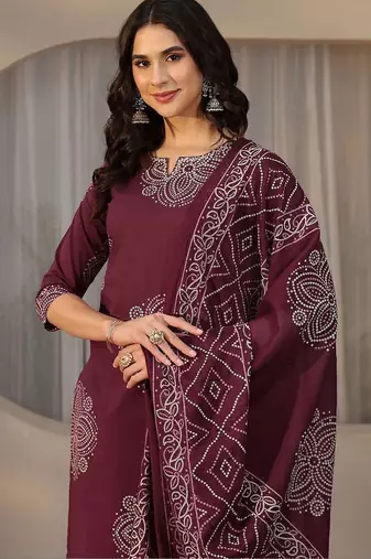 burgundy bandhani printed cotton straight suit set