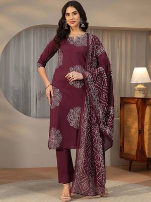 burgundy bandhani printed cotton straight suit set 6