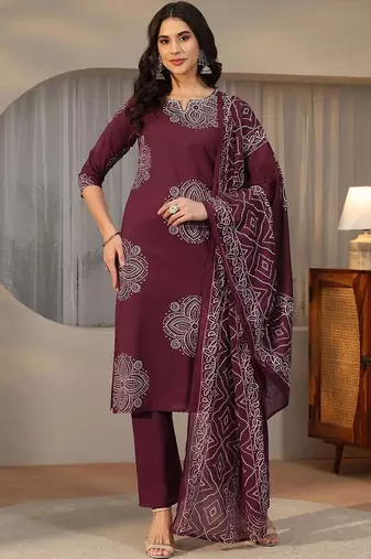 burgundy bandhani printed cotton straight suit set