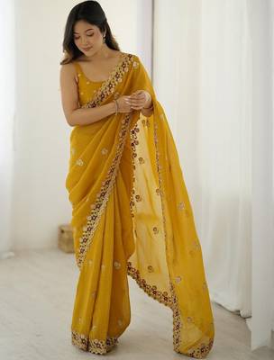 Mustard mustard embellished tissue sarees 3