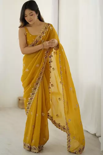 Mustard mustard embellished tissue sarees