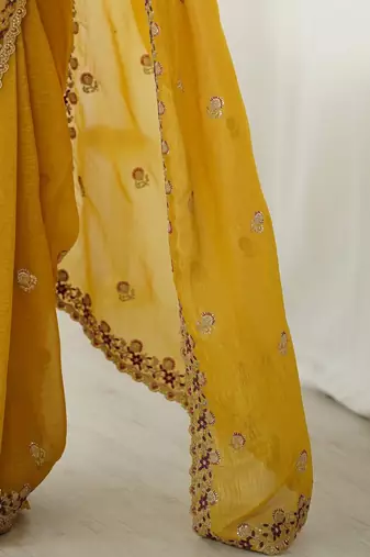 Mustard mustard embellished tissue sarees