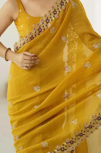 Mustard mustard embellished tissue sarees