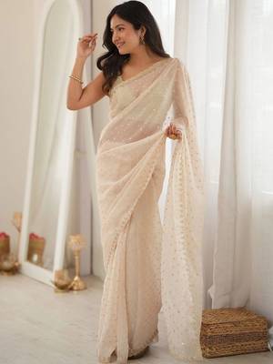 Off white embellished embroidered poly georgette designer saree 1