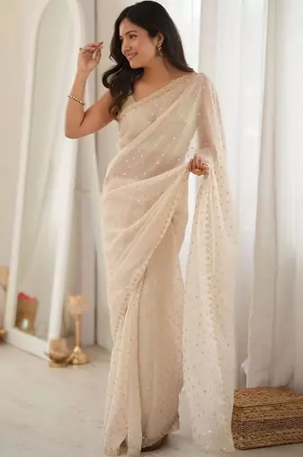 Off white embellished embroidered poly georgette designer saree