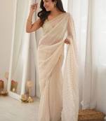 Off white embellished embroidered poly georgette designer saree
