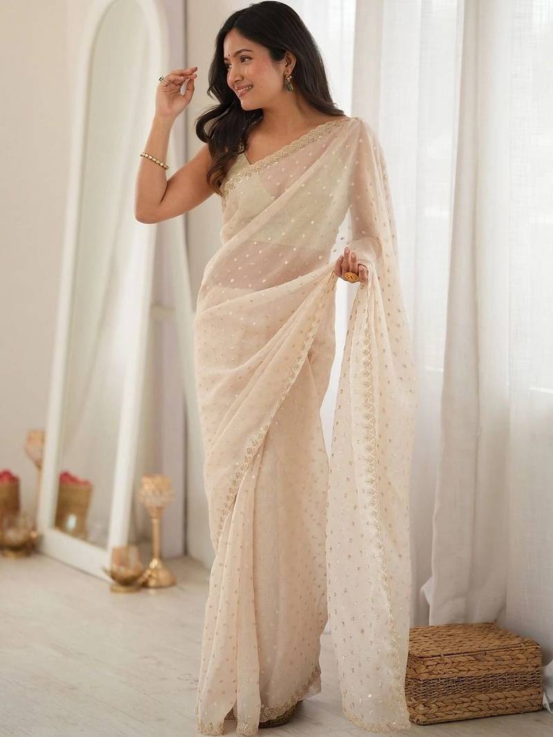 Off white embellished embroidered poly georgette designer saree