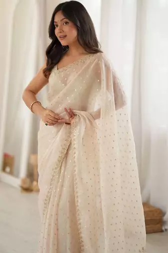 Off white embellished embroidered poly georgette designer saree