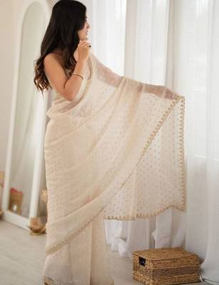 Off white embellished embroidered poly georgette designer saree 3