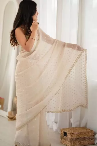 Off white embellished embroidered poly georgette designer saree